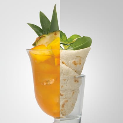 Tropical Bitter e coni di piadina veggy, la semplicità della piadina e un cocktail Sanbittèr vivace dal gusto tropicale